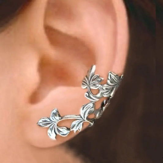 1 Pair Women's Antique Silver Color Spring Leaf Ear Cuff Cartilage Earrings Unique Ear Clip Flower Handmade Jewelry Bride Wedding Gifts MyFave Boutique