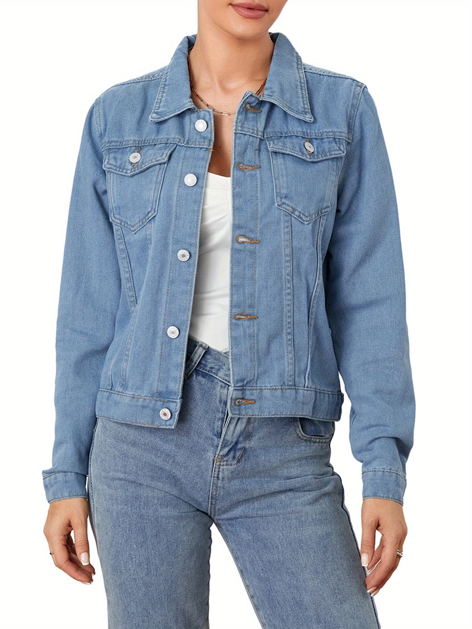 Womens Solid Color Denim Jacket, Casual Long Sleeve Button Down Chest Pocket Jean Jacket MyFave Boutique