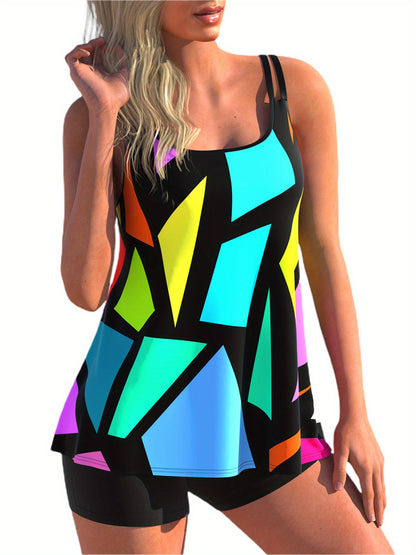 Women Swim Shirt + Shorts, Geometry/Rainbow/Butterfly Print Swimming Tops Swimwear Short Trousers Suit MyFave Boutique