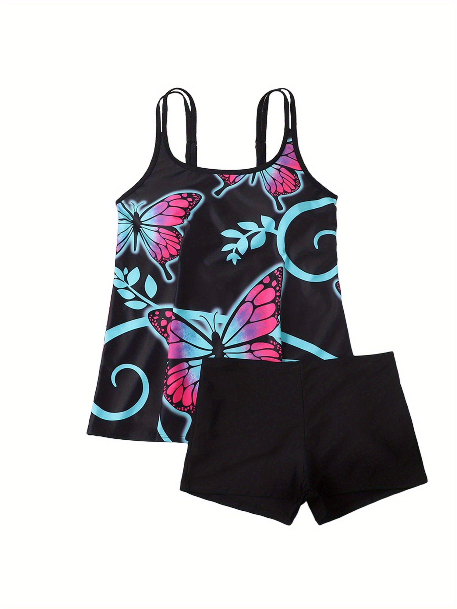 Women Swim Shirt + Shorts, Geometry/Rainbow/Butterfly Print Swimming Tops Swimwear Short Trousers Suit MyFave Boutique