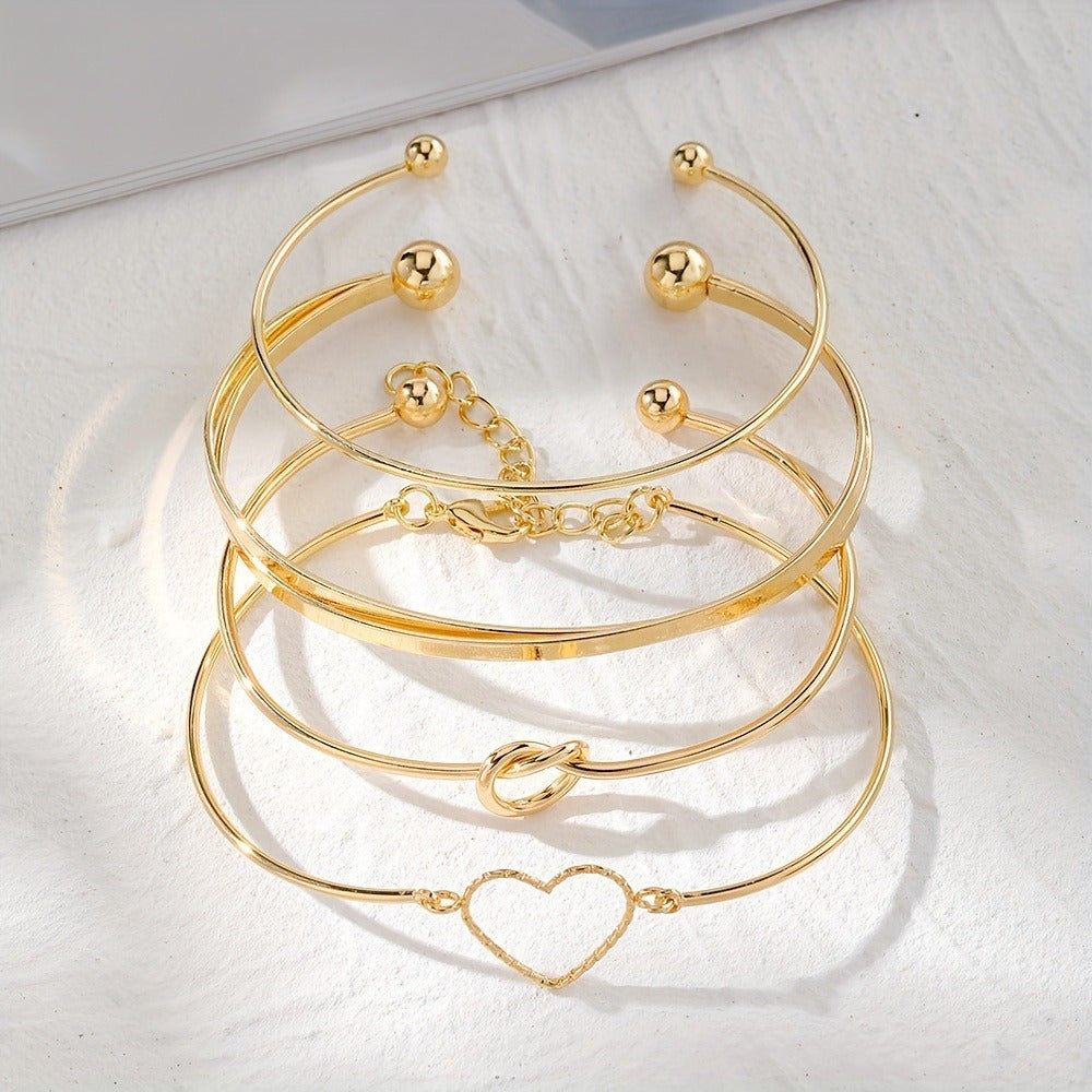 4pcs/Set Golden Color Knotted Love Cuff Bangle Stackable Bracelet Alloy Hand Decoration Jewelry Gift MyFave Boutique