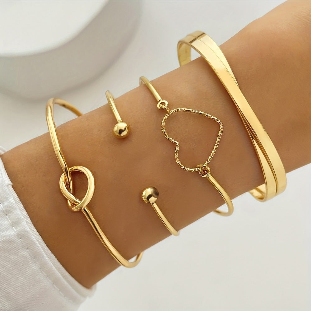 4pcs/Set Golden Color Knotted Love Cuff Bangle Stackable Bracelet Alloy Hand Decoration Jewelry Gift MyFave Boutique