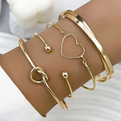 4pcs/Set Golden Color Knotted Love Cuff Bangle Stackable Bracelet Alloy Hand Decoration Jewelry Gift MyFave Boutique