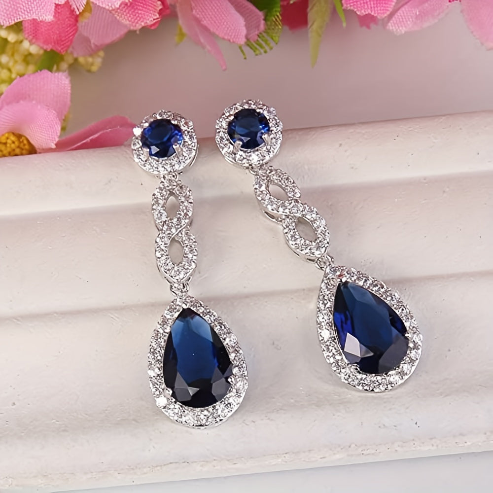 Royal Navy Blue Shimmering Gemstone Dangle Earrings - Vintage Chic Silver Plated Jewelry for Glamorous Banquet Events MyFave Boutique