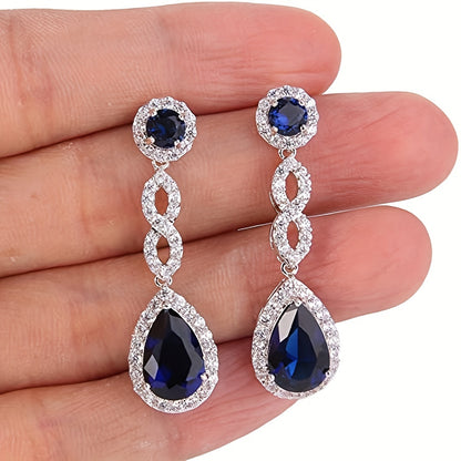 Royal Navy Blue Shimmering Gemstone Dangle Earrings - Vintage Chic Silver Plated Jewelry for Glamorous Banquet Events MyFave Boutique