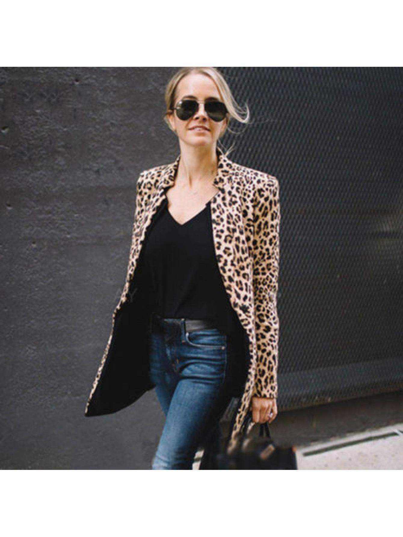 Leopard Print Open Front Blazer, Elegant Long Sleeve Windbreaker Blazer For Business & Club, Women's Clothing MyFave Boutique