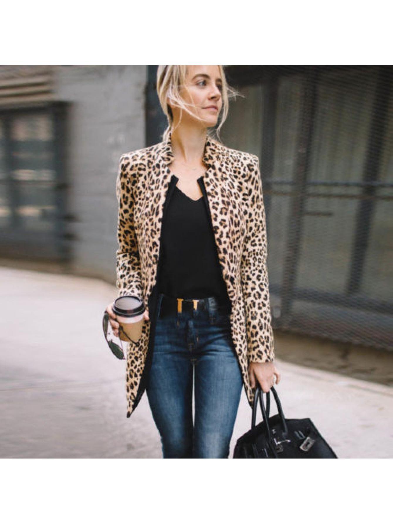 Leopard Print Open Front Blazer, Elegant Long Sleeve Windbreaker Blazer For Business & Club, Women's Clothing MyFave Boutique