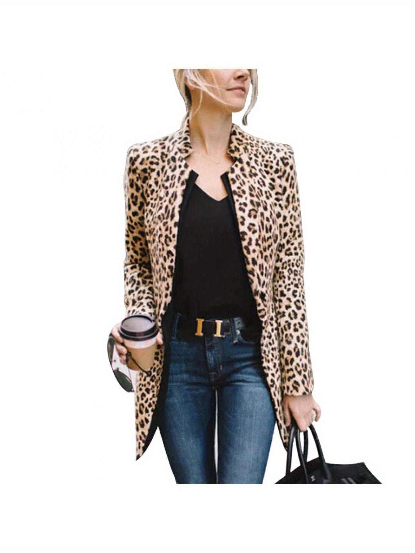 Leopard Print Open Front Blazer, Elegant Long Sleeve Windbreaker Blazer For Business & Club, Women's Clothing MyFave Boutique