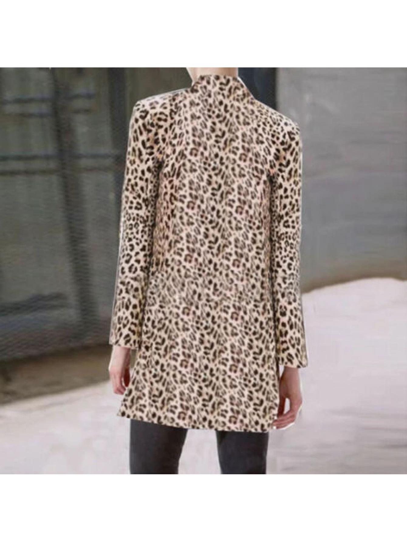 Leopard Print Open Front Blazer, Elegant Long Sleeve Windbreaker Blazer For Business & Club, Women's Clothing MyFave Boutique