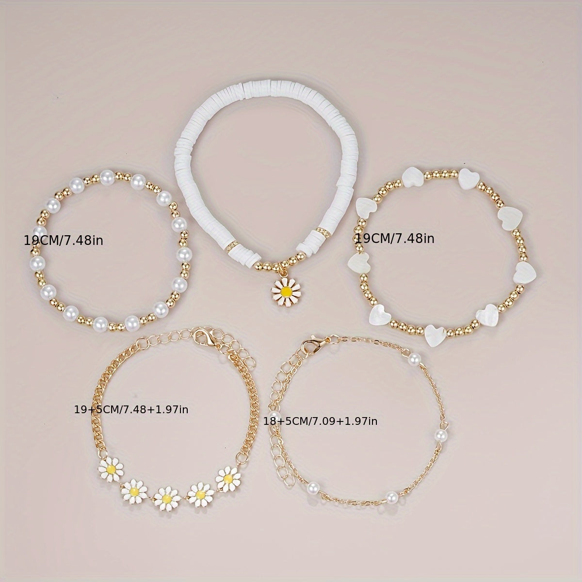 5pcs Set Of Exquisite Heart Imitation Pearl Daisy Design Bracelet, Zinc Alloy Jewelry, Elegant Leisure Style For Summer Gift MyFave Boutique