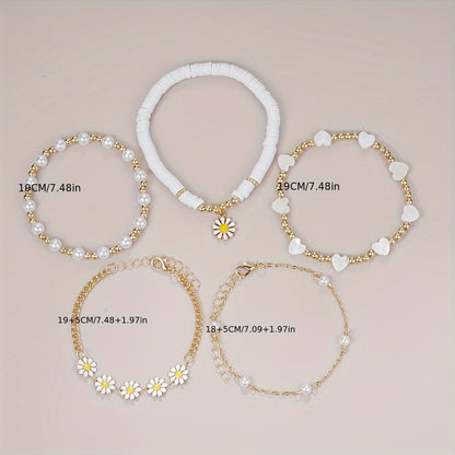 5pcs Set Of Exquisite Heart Imitation Pearl Daisy Design Bracelet, Zinc Alloy Jewelry, Elegant Leisure Style For Summer Gift MyFave Boutique