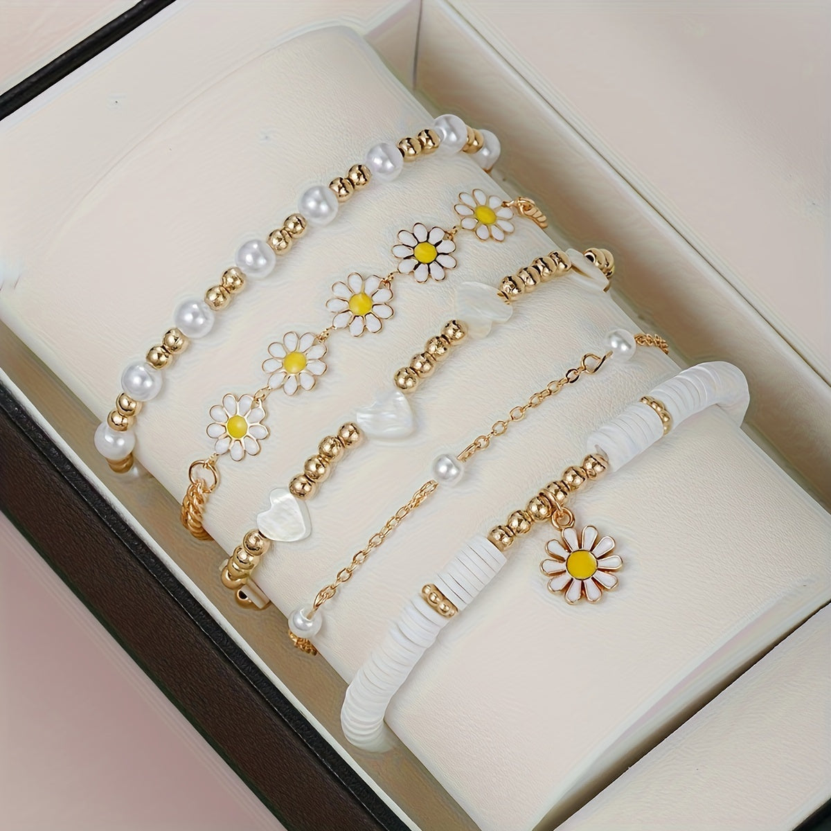 5pcs Set Of Exquisite Heart Imitation Pearl Daisy Design Bracelet, Zinc Alloy Jewelry, Elegant Leisure Style For Summer Gift MyFave Boutique