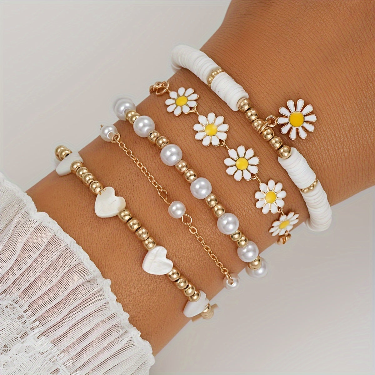 5pcs Set Of Exquisite Heart Imitation Pearl Daisy Design Bracelet, Zinc Alloy Jewelry, Elegant Leisure Style For Summer Gift MyFave Boutique