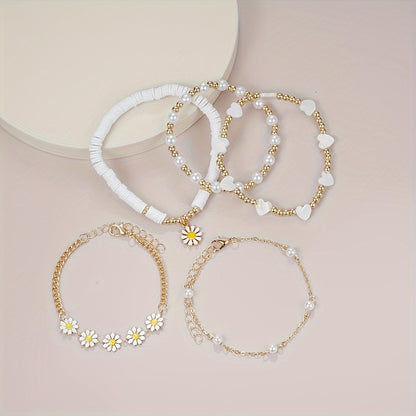 5pcs Set Of Exquisite Heart Imitation Pearl Daisy Design Bracelet, Zinc Alloy Jewelry, Elegant Leisure Style For Summer Gift MyFave Boutique