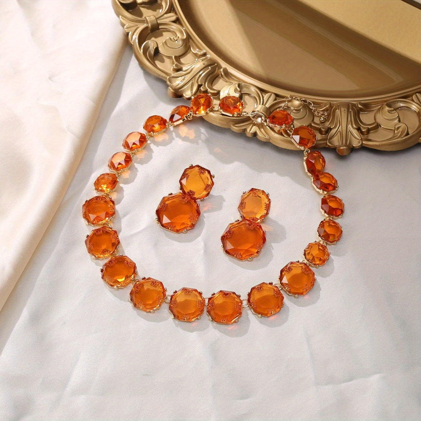 Orange Synthetic Gems Dangle Earrings & Necklace Retro Boho Style Banquet Holiday Jewelry Set MyFave Boutique