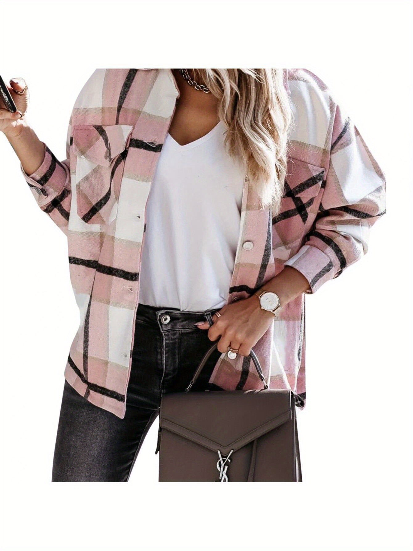 Women Fashion Plaid Coat Ladies Female Casual Long Sleeve Lapel Top for Shopping Daily Wear MyFave Boutique