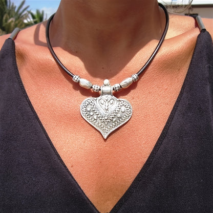 Silvery Boho Heart Pendant Necklace Vintage Pattern Simple Jewelry Memorial Gift MyFave Boutique