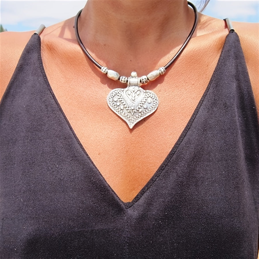 Silvery Boho Heart Pendant Necklace Vintage Pattern Simple Jewelry Memorial Gift MyFave Boutique