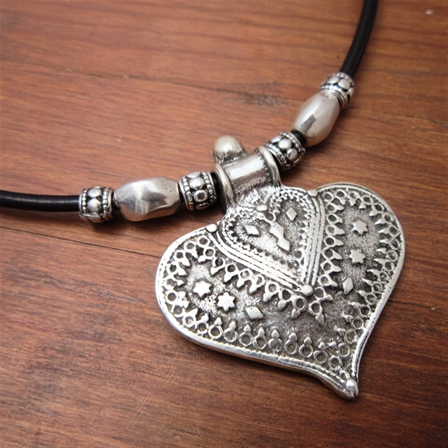 Silvery Boho Heart Pendant Necklace Vintage Pattern Simple Jewelry Memorial Gift MyFave Boutique