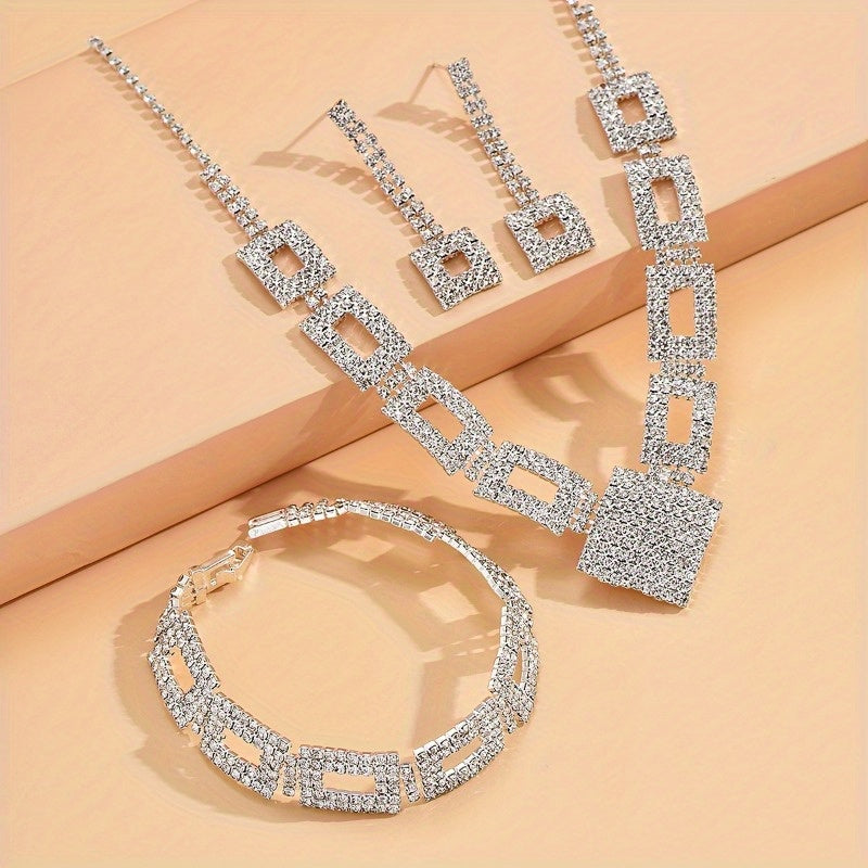 3-Piece Exquisite Jewellery Set - Sparkling Rhinestones, Dangling Earrings and Statement Necklace for Evening Glamour, Convertible to Hand Chain, Perfect for Formal Occasions and Special Events MyFave Boutique