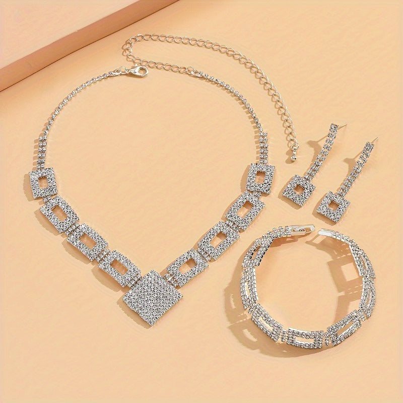 3-Piece Exquisite Jewellery Set - Sparkling Rhinestones, Dangling Earrings and Statement Necklace for Evening Glamour, Convertible to Hand Chain, Perfect for Formal Occasions and Special Events MyFave Boutique