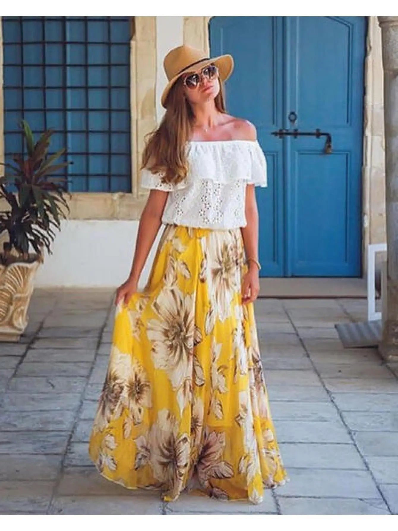 Women' s Chiffon Boho Skirt Sexy Floral Long Skirt High Waist Flared Pleated Beach Skirt MyFave Boutique