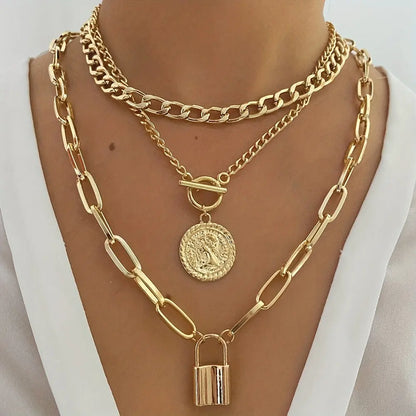 Punk Multilayer Cuban Chain Necklace with Paperclip Chain, Round Shape Portrait Pendant, and OT Buckle MyFave Boutique