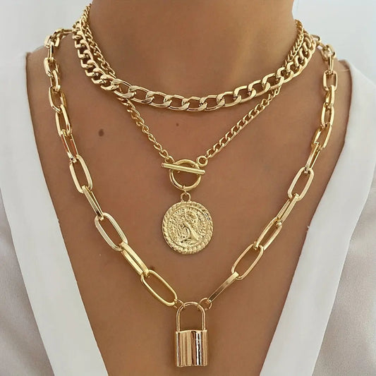 Punk Multilayer Cuban Chain Necklace with Paperclip Chain, Round Shape Portrait Pendant, and OT Buckle MyFave Boutique