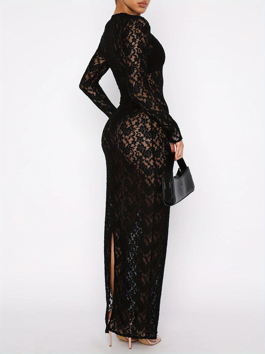 Womenacute;s Lace Long Dress Vintage Long Sleeve Round Neck Solid Color Bodycon Dress Party Gown MyFave Boutique