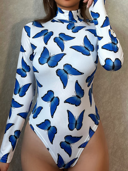 Butterfly Print Mock Neck Bodysuit, Casual Long Sleeve Slim One-piece Bodysuit, Women's Clothing MyFave Boutique