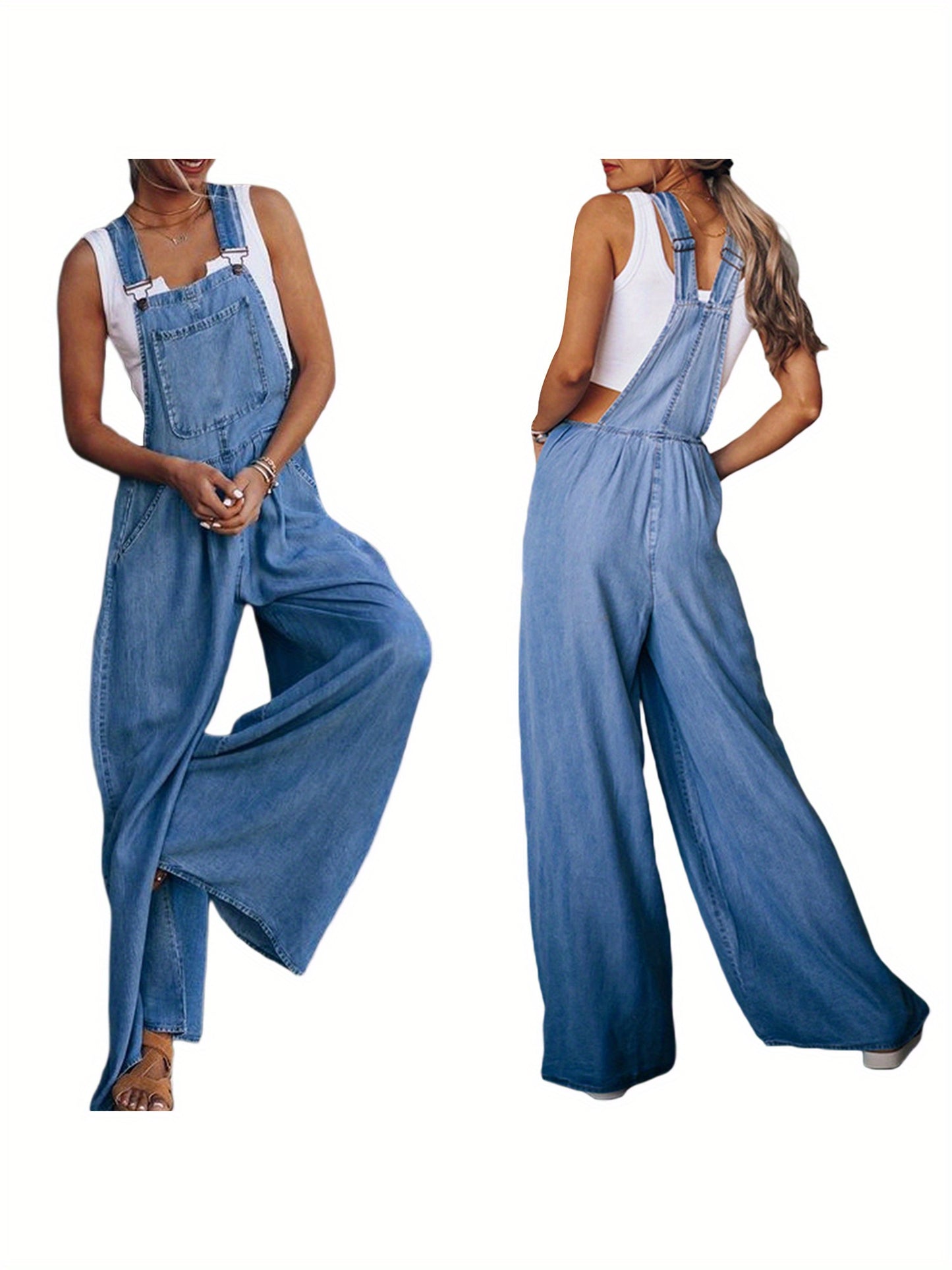 Women's Adjustable Shoulder Strap Jeans Jumpsuit with Pocket Decoration - Loose Fit Spring Clothing MyFave Boutique