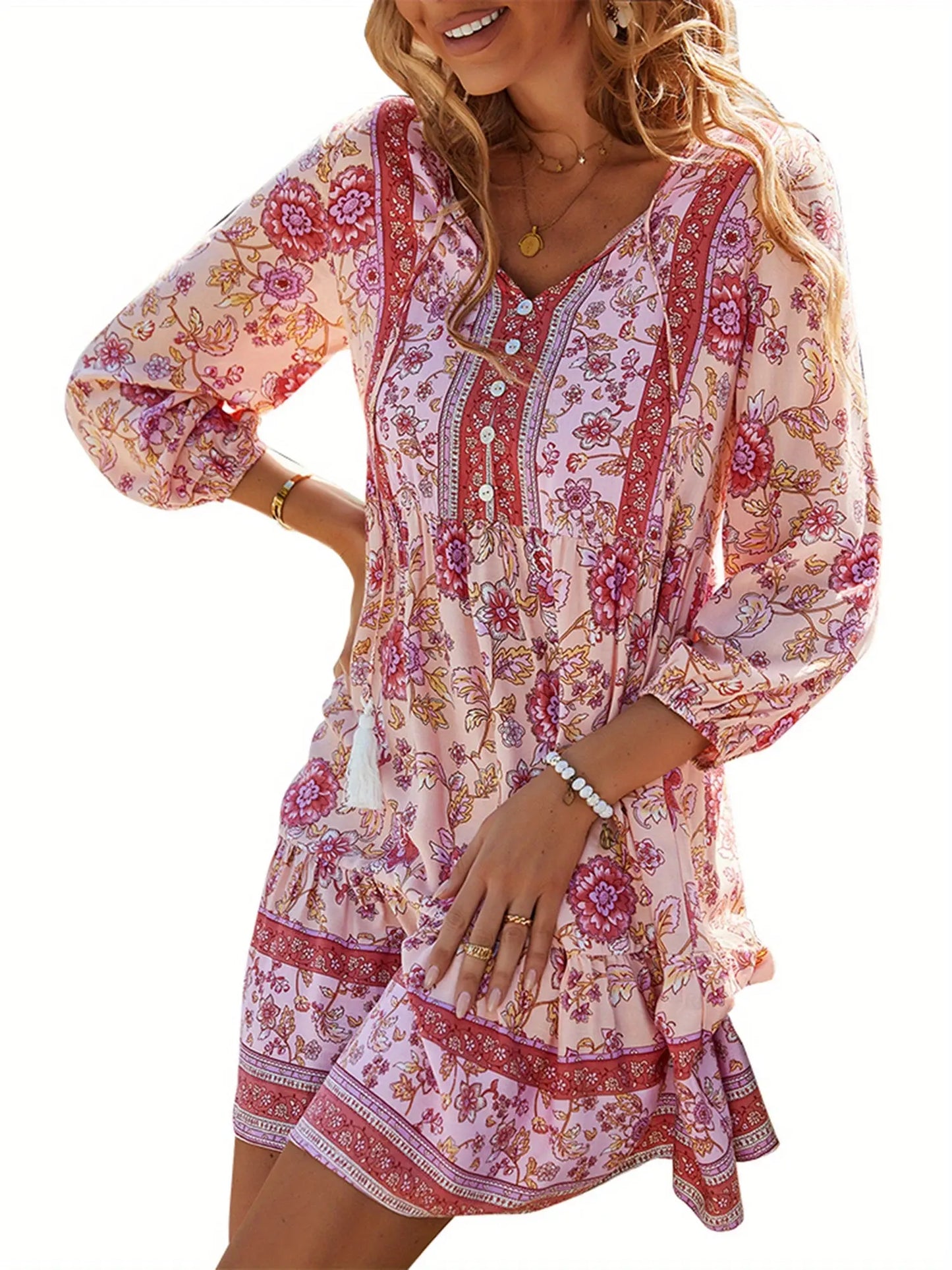 Women's Bohemian Floral Print Short Dress 3/4 Sleeve V Neck Button Front Flowy Dress Tassel Fringe Boho Style Dresses MyFave Boutique