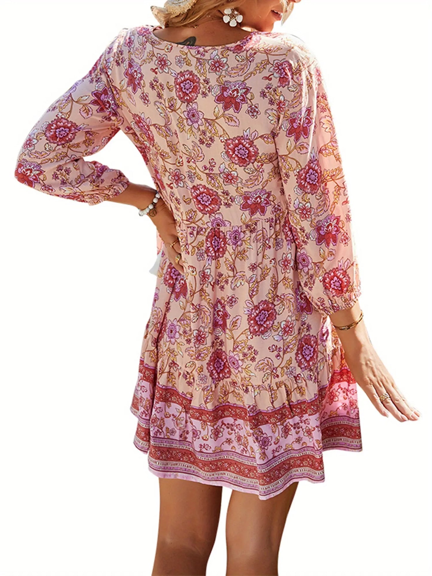 Women's Bohemian Floral Print Short Dress 3/4 Sleeve V Neck Button Front Flowy Dress Tassel Fringe Boho Style Dresses MyFave Boutique