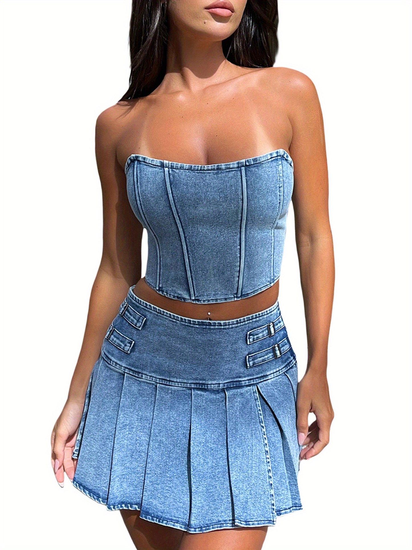 Women's Summer 2 Piece Set Outfit, Plain Washed Blue Zipper Back Bandeau & High Rise Pleated Mini Denim Skirt MyFave Boutique