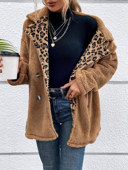 Leopard Pattern Double Breasted Fuzzy Coat, Elegant Long Sleeve Warm Outerwear For Fall & Winter, Women's Clothing MyFave Boutique