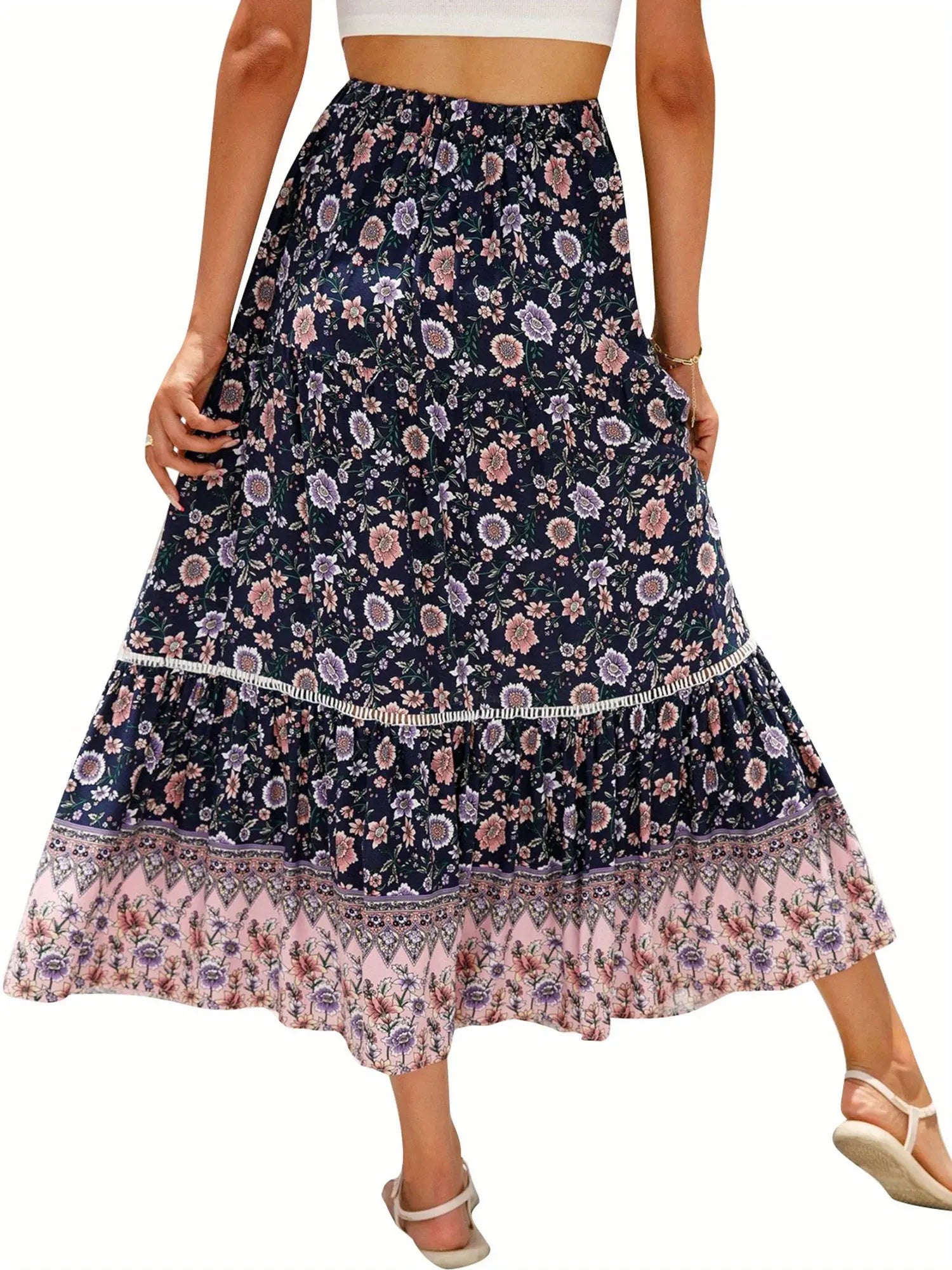 Women's Elegant Floral Flowy Summer Swing Skirt - Elastic Waist, Perfect for Casual Daily Outfits MyFave Boutique