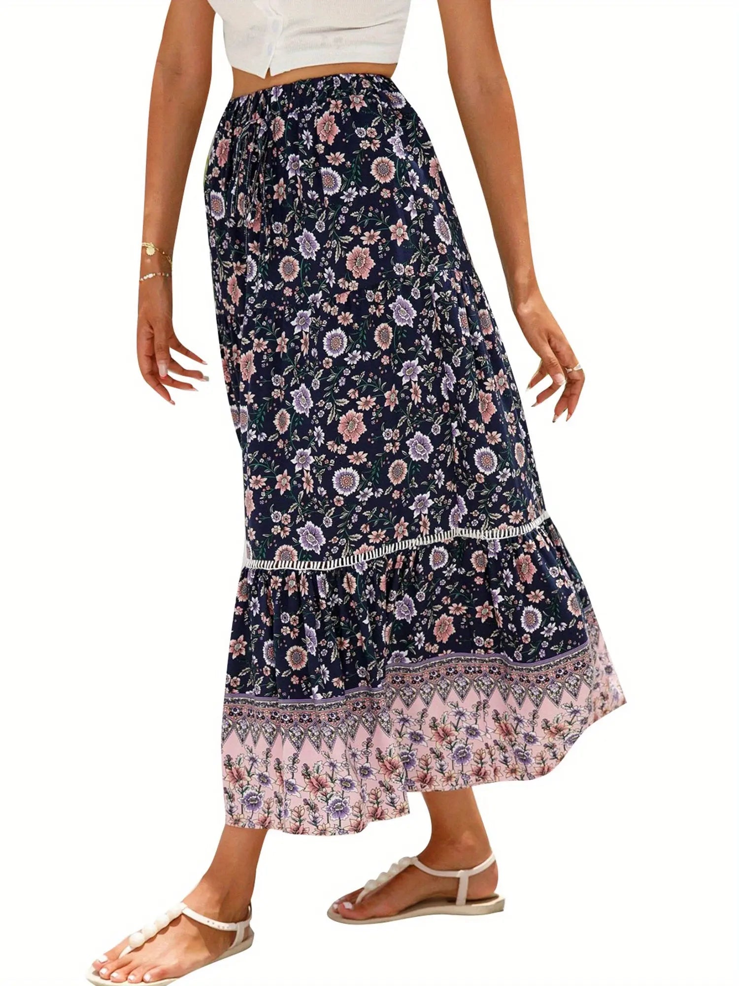 Women's Elegant Floral Flowy Summer Swing Skirt - Elastic Waist, Perfect for Casual Daily Outfits MyFave Boutique