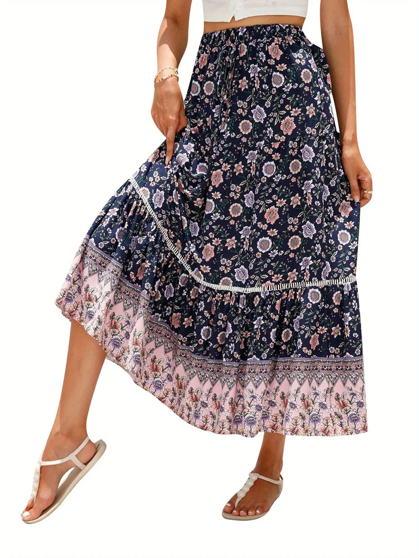 Women's Elegant Floral Flowy Summer Swing Skirt - Elastic Waist, Perfect for Casual Daily Outfits MyFave Boutique