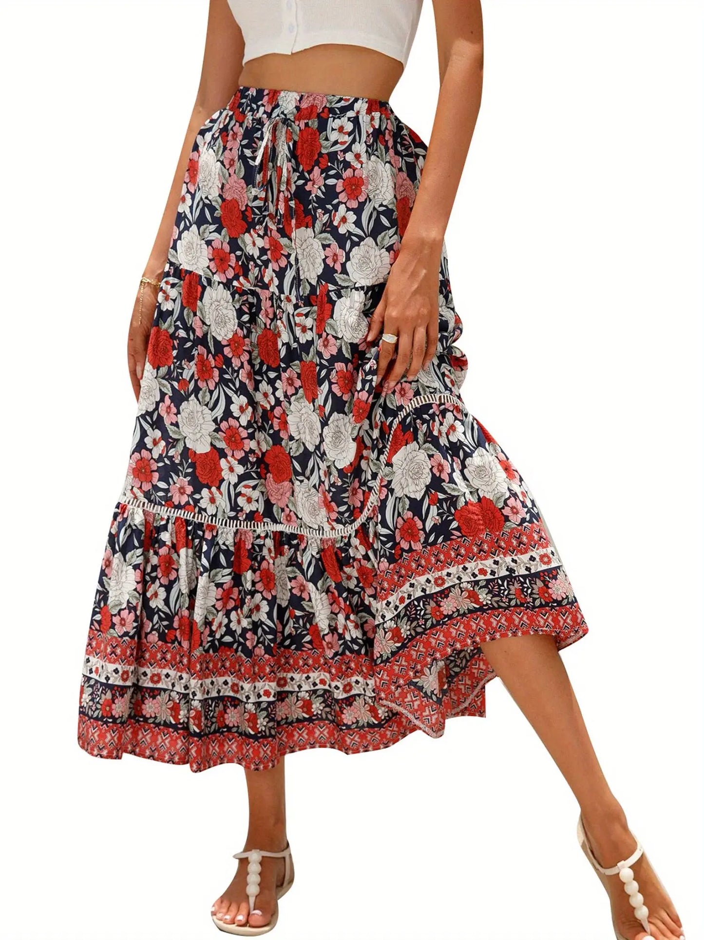 Women's Elegant Floral Flowy Summer Swing Skirt - Elastic Waist, Perfect for Casual Daily Outfits MyFave Boutique