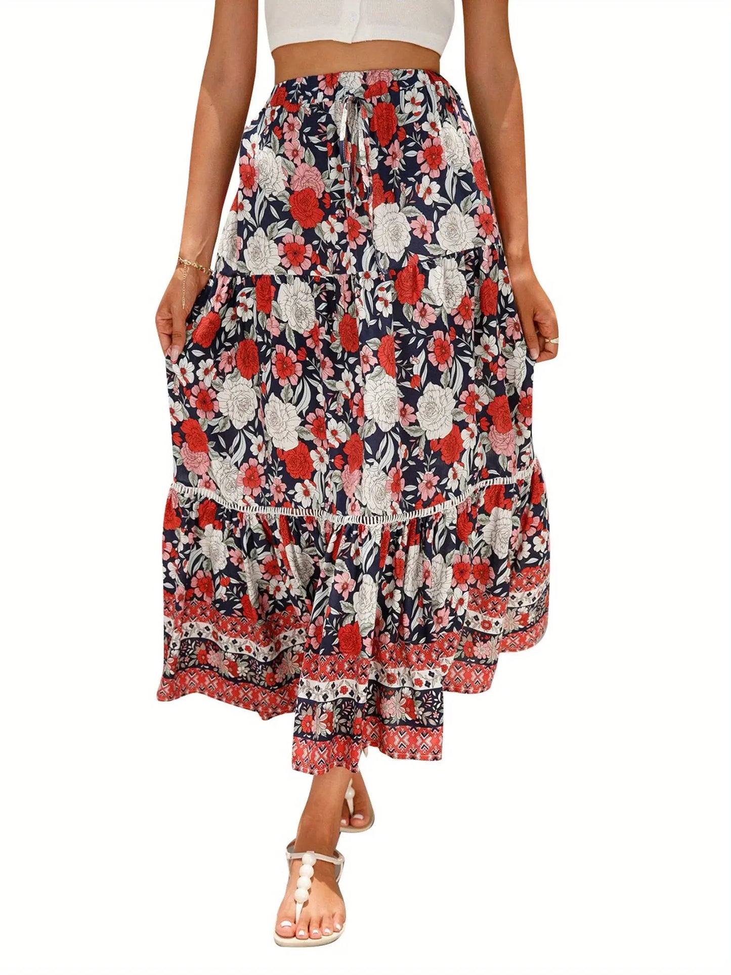 Women's Elegant Floral Flowy Summer Swing Skirt - Elastic Waist, Perfect for Casual Daily Outfits MyFave Boutique