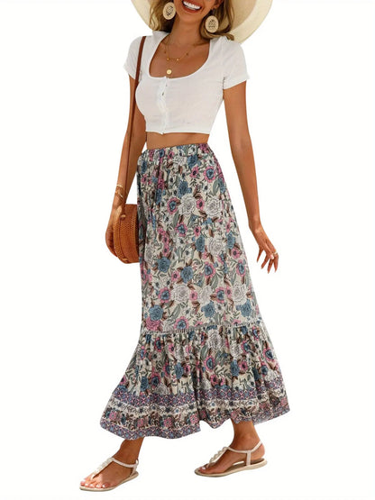 Women's Elegant Floral Flowy Summer Swing Skirt - Elastic Waist, Perfect for Casual Daily Outfits MyFave Boutique