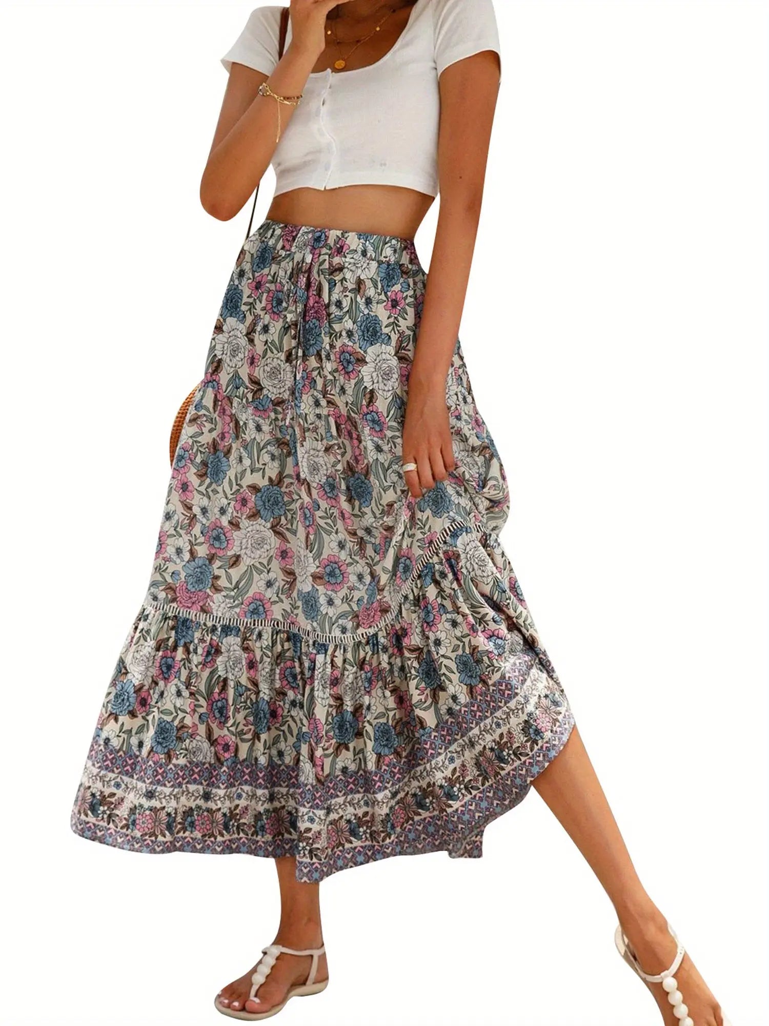 Women's Elegant Floral Flowy Summer Swing Skirt - Elastic Waist, Perfect for Casual Daily Outfits MyFave Boutique