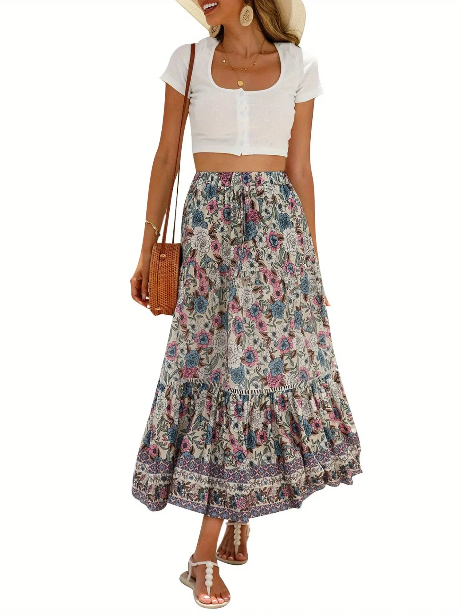 Women's Elegant Floral Flowy Summer Swing Skirt - Elastic Waist, Perfect for Casual Daily Outfits MyFave Boutique