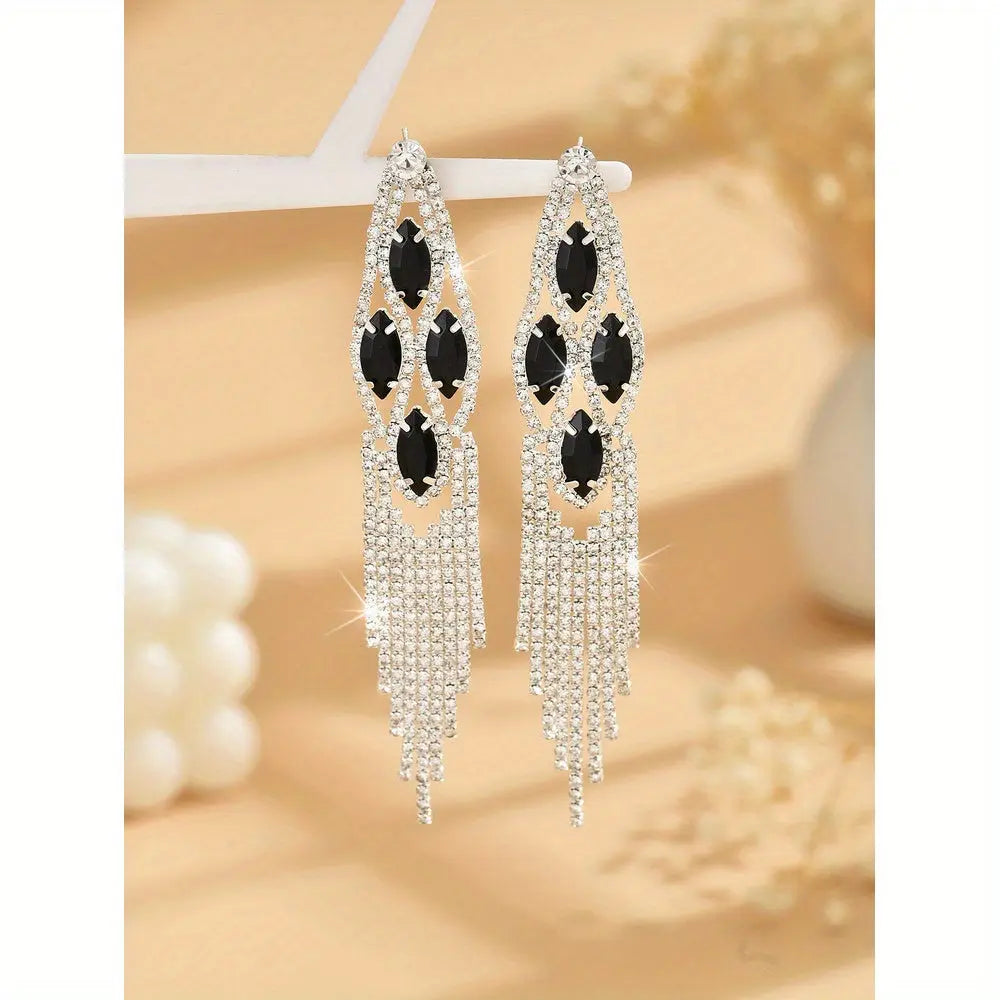 Elegant Black Rhinestone Tassel Earrings - Silvery Plated, Synthetic Gemstone, Stainless Steel Posts for Women | Perfect for Weddings & Vacations MyFave Boutique