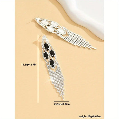 Elegant Black Rhinestone Tassel Earrings - Silvery Plated, Synthetic Gemstone, Stainless Steel Posts for Women | Perfect for Weddings & Vacations MyFave Boutique