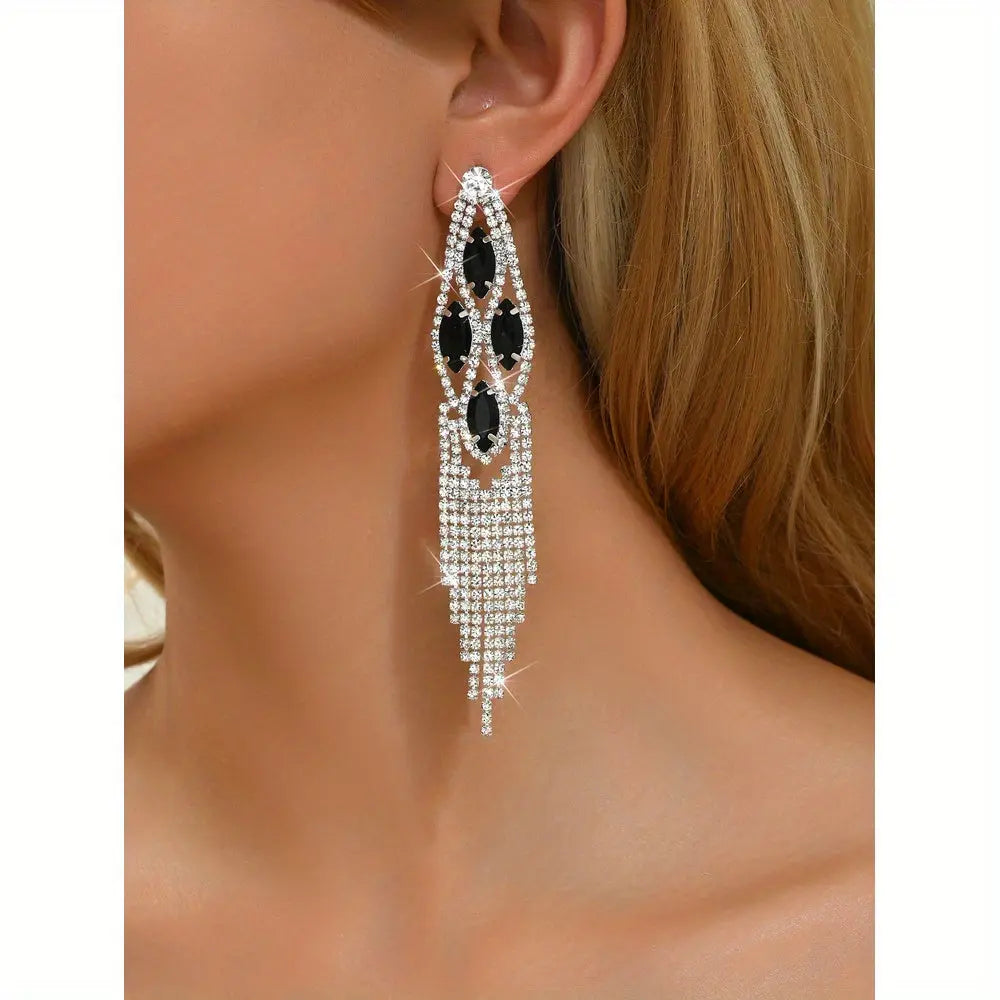 Elegant Black Rhinestone Tassel Earrings - Silvery Plated, Synthetic Gemstone, Stainless Steel Posts for Women | Perfect for Weddings & Vacations MyFave Boutique