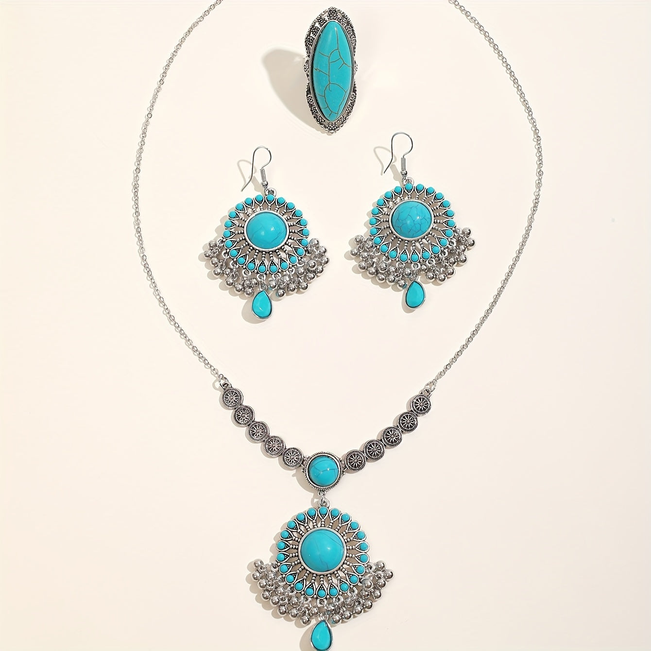 3pcs set Vintage Turquoise Jewelry Set - Timeless Elegance with Handcrafted Necklace, Earrings & Ring - Bohemian Charm for a Statement Look MyFave Boutique