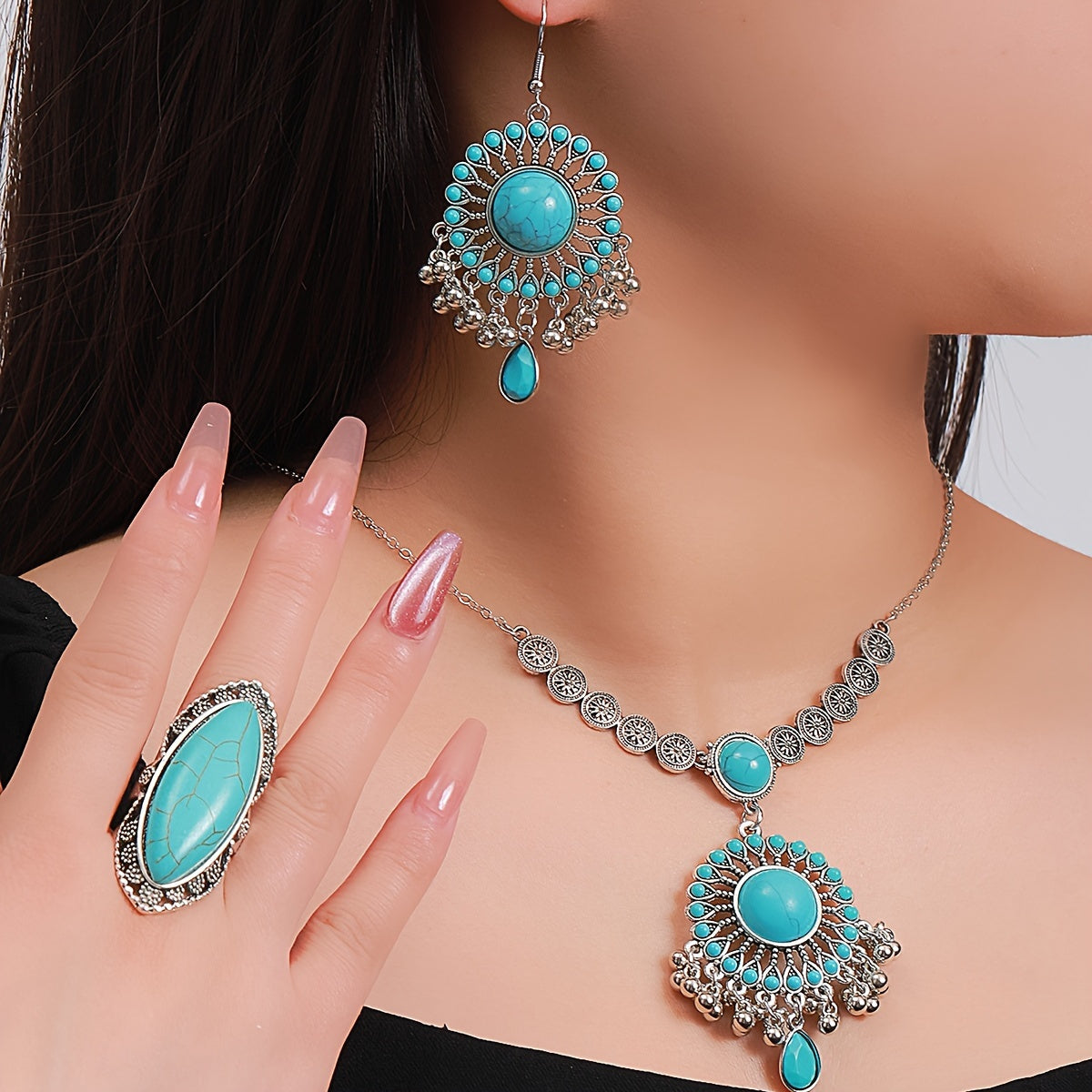 3pcs set Vintage Turquoise Jewelry Set - Timeless Elegance with Handcrafted Necklace, Earrings & Ring - Bohemian Charm for a Statement Look MyFave Boutique