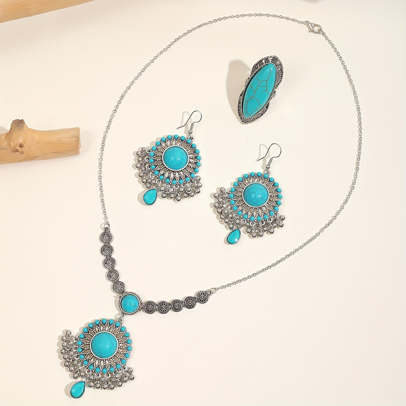 3pcs set Vintage Turquoise Jewelry Set - Timeless Elegance with Handcrafted Necklace, Earrings & Ring - Bohemian Charm for a Statement Look MyFave Boutique