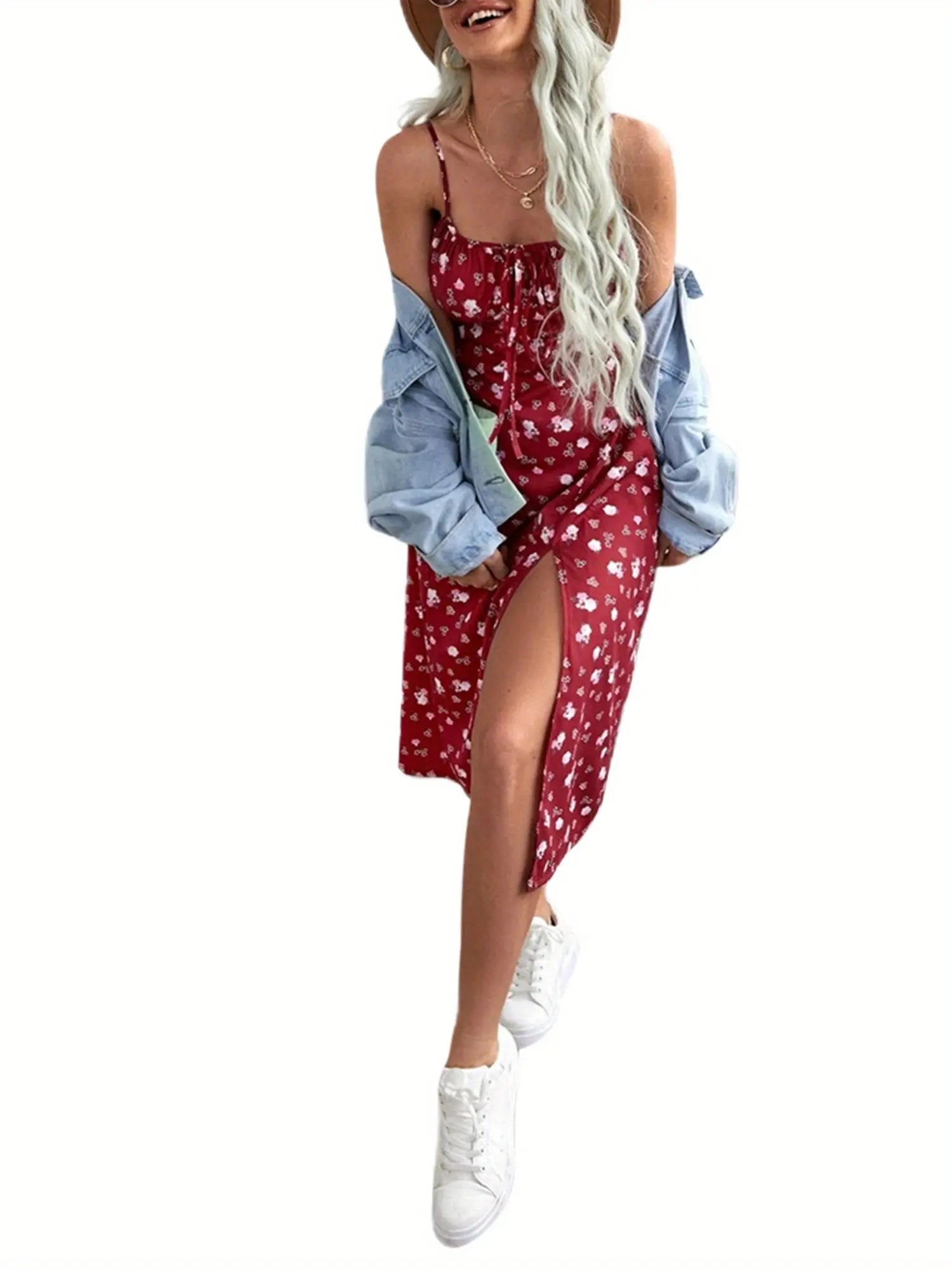 Women Summer Floral Dress, Flower Print Spaghetti Strap Sleeveless One-Piece with High Slit for Ladies, Red/Green/Blue MyFave Boutique